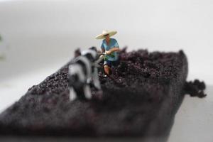 miniature figure de une agriculteur comme si il a été labour une Chocolat éponge gâteau. photo