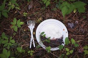 Plastique la pollution de forêt, assiette et fourchette la gauche après une pique-nique photo