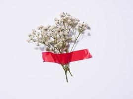 une bouquet de blanc gypsophile est collé avec rouge électrique ruban sur une blanc Contexte photo