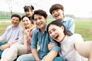 image de un asiatique famille séance ensemble sur le herbe à le parc photo