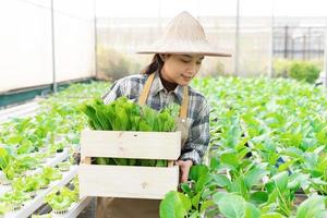 image de asiatique femelle agriculteur dans sa hydroponique légume jardin