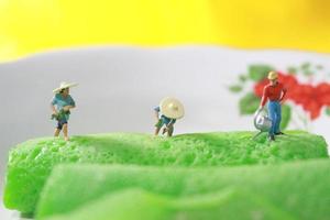 miniature Les figures de Les agriculteurs à travail sur vert crêpe Rouleaux. concept de agriculture photo. photo
