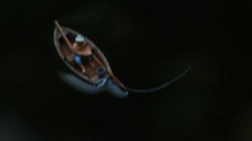 miniature figure de une pêcheur pêche sur une Lac dans une petit bateau. photo