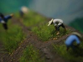 une proche en haut de miniature Les figures de Les agriculteurs plantation riz. agriculture photo concept.