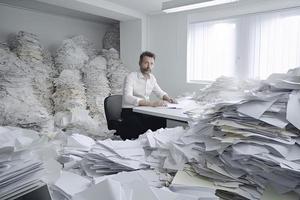 homme au milieu de piles de papiers sur fils bureau photo