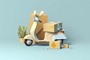 3d vecteur scooter avec boîte, livraison courrier service, temps à achats concept photo