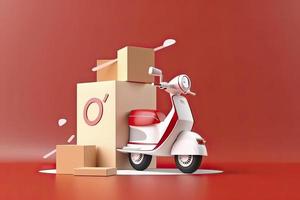 3d vecteur scooter avec boîte, livraison courrier service, temps à achats concept photo
