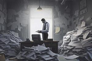 une conceptuel collage à propos une homme d'affaire hanté par papiers et rapports représentant le stress de le moderne monde à travail. photo