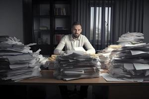 homme au milieu de piles de papiers sur fils bureau photo