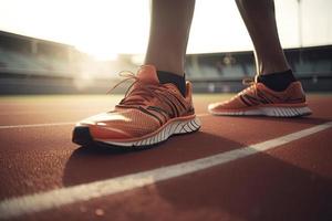 coureur sur une Piste avec une proche en haut de le chaussures.saines exercer, en bonne santé photo