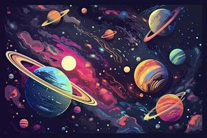 une coloré espace scène avec planètes, astroïdes, étoiles, nébuleuses et comètes. concept et Contexte en relation à espace, espace exploration et observation et astronomie