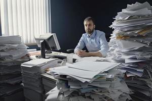 homme au milieu de piles de papiers sur fils bureau photo