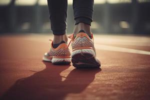 coureur sur une Piste avec une proche en haut de le chaussures.saines exercer, en bonne santé photo