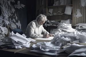 homme au milieu de piles de papiers sur fils bureau photo