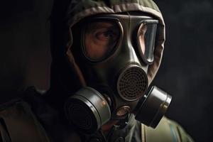 homme avec une gaz masque, nucléaire guerre et environnement catastrophe, radioactivité catastrophe, militaire équipement photo