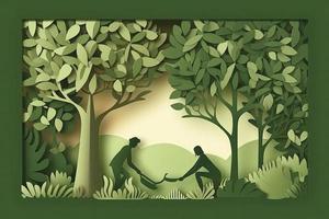 tonnelle journée bannière. papier Couper illustration de deux adulte silhouettes plantation une petit arbre dans la nature pour plus vert le monde environnement photo