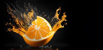 Orange tranche dans l'eau éclaboussure conception sur le noir Contexte. génératif ai. photo