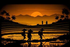 silhouette agriculteur travail dans le le coucher du soleil dans le champ. génératif ai. photo