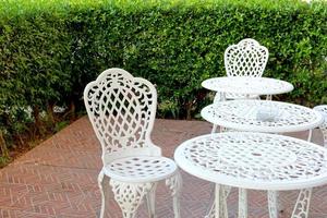blanc chaises et table dans pelouse de jardin photo