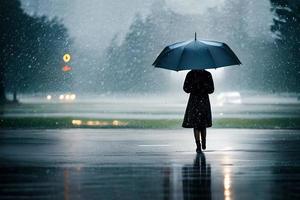 une gens avec un parapluie dans le milieu de lourd pluie à le route Contexte. photo