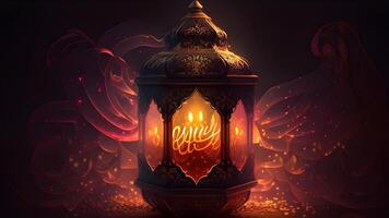 Ramadan kareem fête avec arabe lanternes, bokeh, et néon lumières crée un enchanteur atmosphère sur une étape toile de fond. idéal pour fonds d'écran et bannières. génératif ai. photo