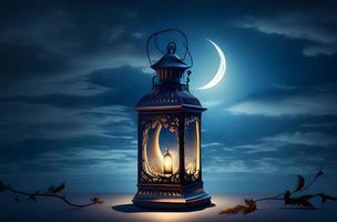 virtuel Ramadan kareem fête avec généré par ai arabe lanterne, bougie, et lune sur une bleu Contexte photo
