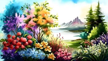 aquarelle printemps paysage conception avec des arbres, et fleurs. ai généré photo