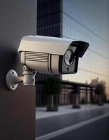 Sécurité surveillance caméra sur moderne bâtiment, établi avec génératif ai photo