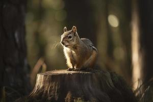 mignonne petit écureuil séance sur le arbre tronc, établi avec génératif ai photo