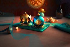 Ramadan kareem 3d mosquée et lampe image pour social médias bannière conception photo