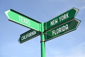 Texas, Nouveau York, Floride, Californie - poteau indicateur avec quatre flèches photo