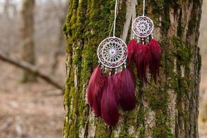 attrape-rêves fait à la main avec des fils de plumes et des cordes de perles suspendues photo