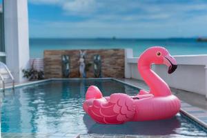 rose gonflable flamant sur nager bassin. concept pour été journée photo