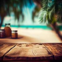 vieux en bois table Haut sur flou plage Contexte avec noix de coco paume feuille. concept vacances, été, plage, mer - ai généré image photo