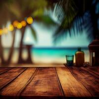 vieux en bois table Haut sur flou plage Contexte avec noix de coco paume feuille. concept vacances, été, plage, mer - ai généré image photo