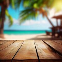 vieux en bois table Haut sur flou plage Contexte avec noix de coco paume feuille. concept vacances, été, plage, mer - ai généré image photo