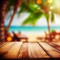 vieux en bois table Haut sur flou plage Contexte avec noix de coco paume feuille. concept vacances, été, plage, mer - ai généré image photo