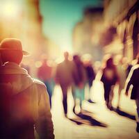 foule de gens en marchant de travail, le coucher du soleil flou bokeh Contexte - ai généré image photo