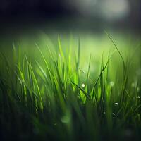 magnifique texture de vert Prairie herbe avec rosée gouttes proche en haut, abstrait brouiller Naturel bokeh Contexte - ai généré image photo