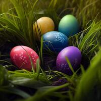 coloré Pâques des œufs mensonge dans dense vert herbe - ai généré image photo