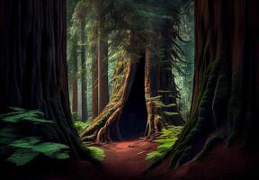 dense forêt dans Californie, beaucoup séquoias - ai généré image photo