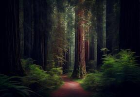 dense forêt dans Californie, beaucoup séquoias - ai généré image photo