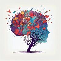 Humain cerveau arbre avec fleurs et papillons, concept de soi se soucier, esprit, des idées, la créativité - ai généré image photo