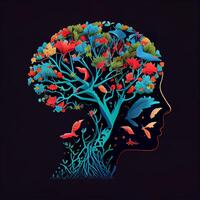 Humain cerveau arbre avec fleurs et papillons, concept de soi se soucier, esprit, des idées, la créativité - ai généré image photo