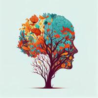 Humain cerveau arbre avec fleurs et papillons, concept de soi se soucier, esprit, des idées, la créativité - ai généré image photo