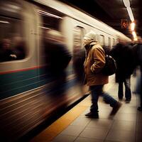 métro gare, excès de vitesse vite former, gens se précipiter à le électrique former, flou Contexte - ai généré image photo