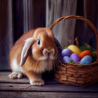 duveteux Pâques lapin avec une panier de de fête Pâques des œufs - ai généré image photo