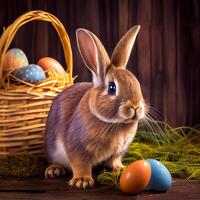 duveteux Pâques lapin avec une panier de de fête Pâques des œufs - ai généré image photo