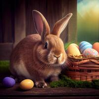 duveteux Pâques lapin avec une panier de de fête Pâques des œufs - ai généré image photo