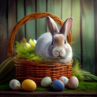 duveteux Pâques lapin avec une panier de de fête Pâques des œufs - ai généré image photo